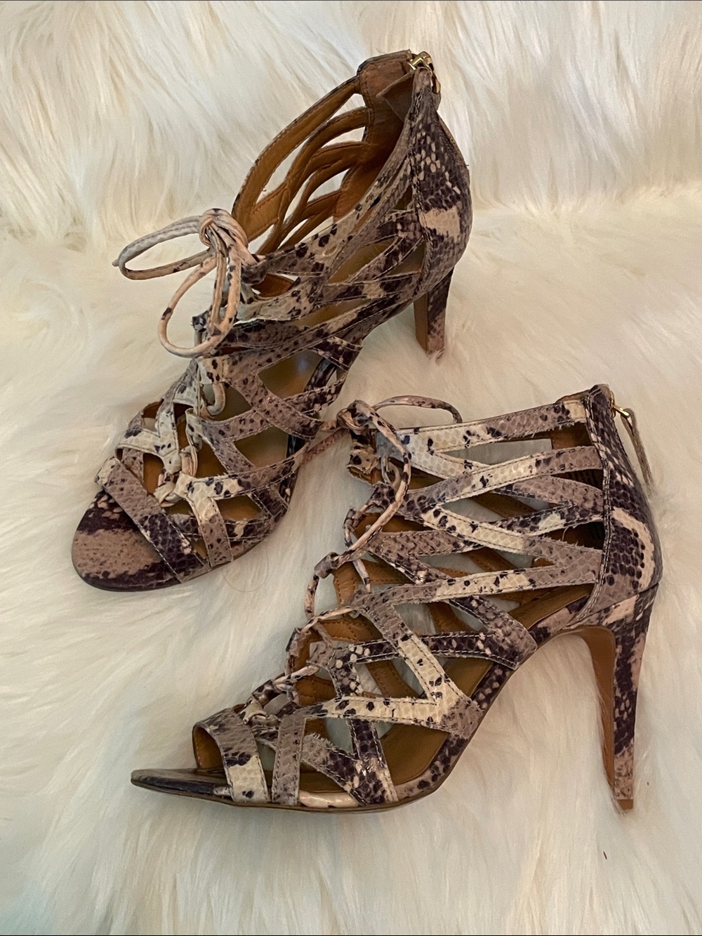 Nine West Snake-Print Lace-Up High Heel Sandals - Brown/Tan 7